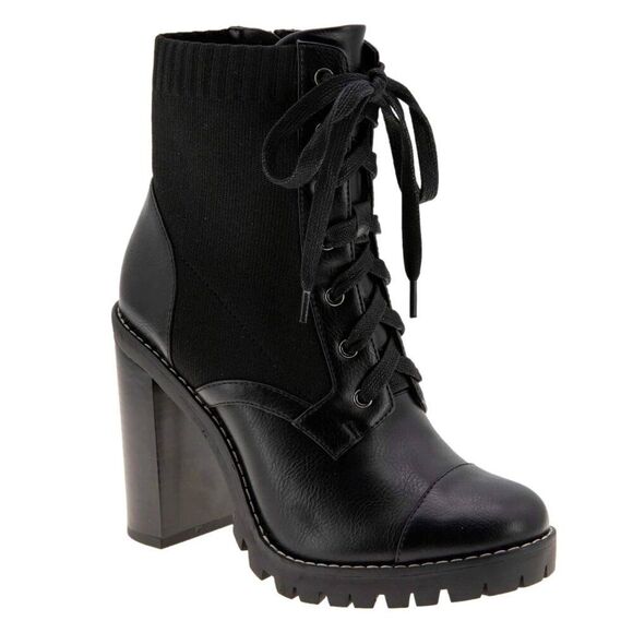 BCBGENERATION Womens Black Stretch Cushioned Lug Sole Lace Pilas Cap Booties - Picture 1 of 9
